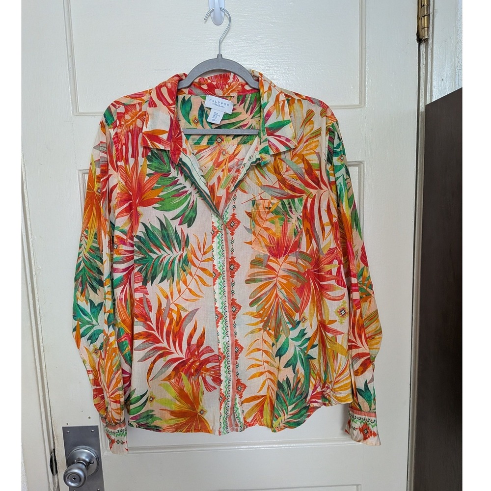 Calypso St Barth Tropical Palm Print Cotton Button Down Shirt Orange Green XL